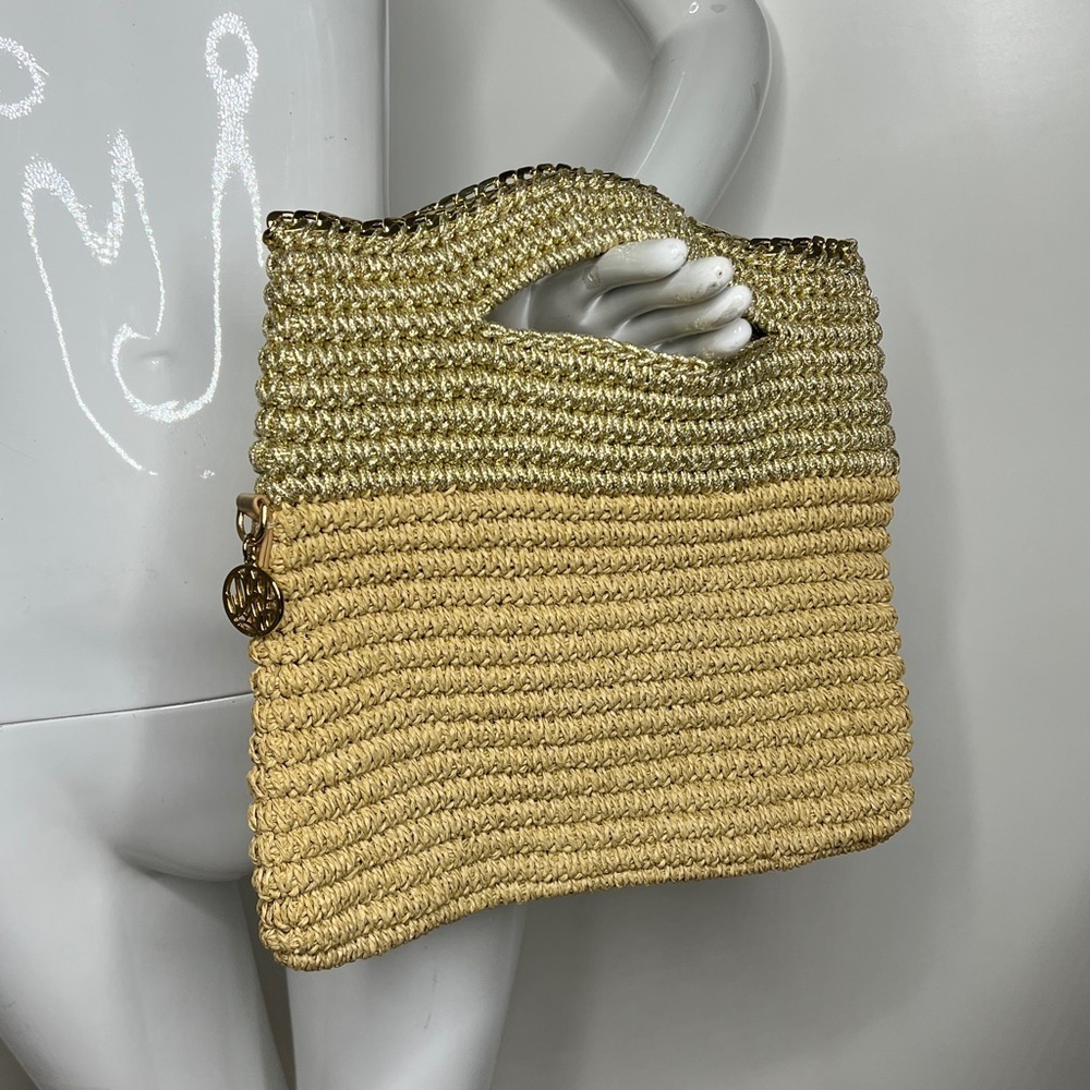 Lilly Pulitzer Beige Straw and Gold Crochet Chain Trim Hand Flat Tote Clutch Bag - Picture 8 of 9